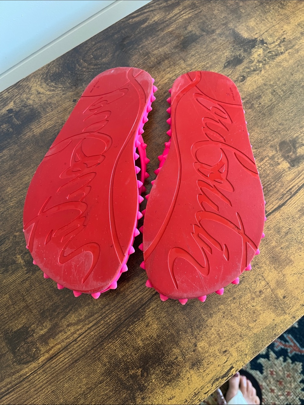 Christian Louboutin Neon Pink and Red Studded Flip Flops Size 38 - Picture 9 of 14